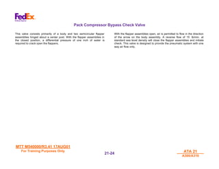 MTT M540000/R3.41 17AUG01
MTT M540000/R3.41 17AUG01
For Training Purposes Only
For Training Purposes Only ATA 21
ATA 21
A300/A310
A300/A310
21-
21-24
24
Pack Compressor Bypass Check Valve
This valve consists primarily of a body and two semicircular flapper
assemblies hinged about a center post. With the flapper assemblies in
the closed position, a differential pressure of one inch of water is
required to crack open the flappers.
With the flapper assemblies open, air is permitted to flow in the direction
of the arrow on the body assembly. A reverse flow of 15 lb/min. at
standard sea level density will close the flapper assemblies and initiate
check. This valve is designed to provide the pneumatic system with one
way air flow only.
 