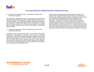 MTT M540000/R3.41 17AUG01
MTT M540000/R3.41 17AUG01
For Training Purposes Only
For Training Purposes Only ATA 21
ATA 21
A300/A310
A300/A310
21-
21-32
32
A. Compressor Discharge Pneumatic Thermostat and Turbine Inlet
Pneumatic Thermostat
The compressor discharge and turbine inlet pneumatic thermostats are
differential pressure thermostats which supply overheat protection for the
air-cycle machine. The compressor discharge thermostat is located in
the compressor discharge duct adjacent to the fusible plug. The turbine
inlet thermostat is located in the turbine inlet duct adjacent to the fusible
plug. A pressure sense line from the flow control valve is connected to
the thermostats.
B. Compressor Discharge overtemp Fusible Plug and Turbine Inlet
Overtemp Fusible Plug
A sense line from the flow control valve is connected to the primary
(thermostat) overtemperature protection device and the secondary
fusible plug. If the primary overheat protection is disabled and the outlet
temperature is between 610°F (321°C) and 650°F (343°C) for the turbine
inlet, the fusible element melts (indicator pops up for turbine inlet) and
vents pneumatic pressure from the flow control valve actuator chamber.
The fuse plug is non-resettable and incorrect installation is prevented by
the mounting boss being of different sizes.
Both pneumatic thermostats are physically identical except for the
position of the triangularly-shaped mounting flange. The difference in
mounting hole position ensures installation of thermostat into the correct
duct. If the duct air approaches the actuation temperature, the
temperature sensing elements begin to respond with increasing
temperature, a guide in the control valve follows the reaction of the
sensing elements and allows a check ball to move off its seat. The
opening created causes the pressure in the chamber of the flow control
valve to decrease, causing the valve to go to a closed position reducing
the inflow of pneumatic bleed air into the air-cycle machine. After a cool
down period, the thermostat will close, allowing re-opening of the valve.
Air Cycle Machine (ACM) Overheat Protection Devices
 