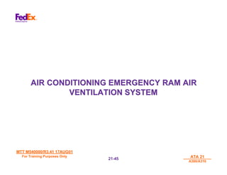 MTT M540000/R3.41 17AUG01
MTT M540000/R3.41 17AUG01
For Training Purposes Only
For Training Purposes Only ATA 21
ATA 21
A300/A310
A300/A310
21-
21-45
45
AIR CONDITIONING EMERGENCY RAM AIR
AIR CONDITIONING EMERGENCY RAM AIR
VENTILATION SYSTEM
VENTILATION SYSTEM
 
