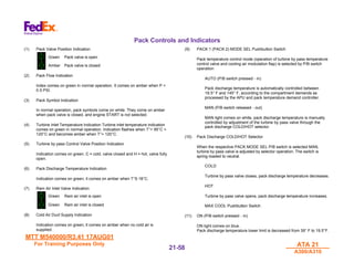 MTT M540000/R3.41 17AUG01
MTT M540000/R3.41 17AUG01
For Training Purposes Only
For Training Purposes Only ATA 21
ATA 21
A300/A310
A300/A310
21-
21-58
58
Pack Controls and Indicators
(1) Pack Valve Position Indication
Green Pack valve is open
Amber Pack valve is closed
(2) Pack Flow Indication
Index comes on green in normal operation. It comes on amber when P <
0.5 PSI.
(3) Pack Symbol Indication
In normal operation, pack symbols come on white. They come on amber
when pack valve is closed, and engine START is not selected.
(4) Turbine Inlet Temperature Indication Turbine inlet temperature indication
comes on green in normal operation. Indication flashes when T°> 95°C <
120°C and becomes amber when T°> 120°C.
(5) Turbine by pass Control Valve Position Indication
Indication comes on green. C = cold, valve closed and H = hot, valve fully
open.
(6) Pack Discharge Temperature Indication
Indication comes on green; it comes on amber when T°S 18°C.
(7) Ram Air Inlet Valve Indication
Green Ram air inlet is open
Green Ram air inlet is closed
(8) Cold Air Duct Supply Indication
Indication comes on green; it comes on amber when no cold air is
supplied.
(9) PACK 1 (PACK 2) MODE SEL Pushbutton Switch
Pack temperature control mode (operation of turbine by pass temperature
control valve and cooling air modulation flap) is selected by P/B switch
operation
AUTO (P/B switch pressed - in)
Pack discharge temperature is automatically controlled between
19.5° F and 145° F, according to the compartment demands as
processed by the APU and pack temperature demand controller.
MAN (P/B switch released - out)
MAN light comes on white, pack discharge temperature is manually
controlled by adjustment of the turbine by pass valve through the
pack discharge COLD/HOT selector.
(10) Pack Discharge COLD/HOT Selector
When the respective PACK MODE SEL P/B switch is selected MAN,
turbine by pass valve is adjusted by selector operation. The switch is
spring-loaded to neutral.
COLD
Turbine by pass valve closes, pack discharge temperature decreases.
HOT
Turbine by pass valve opens, pack discharge temperature increases.
MAX COOL Pushbutton Switch
(11) ON (P/B switch pressed - in)
ON light comes on blue.
Pack discharge temperature lower limit is decreased from 39° F to 19.5°F.
 