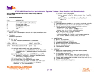 MTT M540000/R3.41 17AUG01
MTT M540000/R3.41 17AUG01
For Training Purposes Only
For Training Purposes Only ATA 21
ATA 21
A300/A310
A300/A310
21-
21-64
64
A300/A310 Distribution Isolation and Bypass Valves - Deactivation and Reactivation
ISOLATION VALVES FIN 101HG, 102HG, 103HG – DEACTIVATION /
REACTIVATION
2. Equipment and Materials
--------------------------------------------------------------------------------
ITEM DESIGNATION
--------------------------------------------------------------------------------
A. Access Platform, 10 Feet (Three Meter)
B. Blanking Plugs / Caps
C. Circuit Breaker Safety Clips
D. Warning Notice
E. Tape
Referenced Procedure
- AMM 52-30-00, Page Block 301 FWD and AFT Cargo Compartment Doors
3. Procedure
(Reference: Figure 901 )
A. Job Set-Up
(1) Open, safety and tag the following Circuit Breaker:
----------------------------------------------------------------------------------------------
PANEL SERVICE IDENT. LOCATION
----------------------------------------------------------------------------------------------
131VU MAIN DECK CARGO VALVE 21HG G62
(2) On Flight Deck Overhead Panel VENT Panel 438VU:
(a) Make certain that MAIN DECK CARGO VALVE PBsw switch
is Released-Out OFF, and display Warning Notice prohibiting
operation.
(3) On Flight Deck Overhead Panel COMPT TEMP Panel 437VU:
(a) Release HOT AIR SUPPLY pushbutton switch and display
Warning Notice prohibiting operation.
(4) Position Access Platform Equipment
(5) For bypass valve 101HG open access door 136AR.
(6) For Isolation Valves FIN 102HG and 103HG, open FWD Cargo
Compartment Door FIN 811 and secure with safety lock
(Reference. 52-30-00, Page Block 301).
(7) In FWD Cargo Compartment:
(a) For Isolation Valve FIN 102HG, remove Floor Panel FIN
131PG.
(b) For isolation valve 103HG, remove Floor Panel
FIN131QG.
B. DEACTIVATION
(1) Disconnect electrical connector (1) FIN 101HG-A (102HG-A, 103HG-A).
(2) Cap electrical connector and secure to adjacent structure with tape.
(3) Operate Valve(s) by Manual Override to the following positions:
- Bypass valve 101HG to open position.
- Isolation Valve LH FIN 102HG to CLOSED position.
- Isolation Valve RH FIN 103HG to CLOSED position.
NOTE : Manual Override is operated as follows:
- Remove clip lanyard from handle.
- Pull connecting shaft out of handle to travel limit and replace clip.
- Turn handle to OPEN or CLOSED position, as required.
C. REACTIVATION
(1) Remove clip from handle.
(2) Turn handle back to normal position.
(3) Engage connecting shaft and replace clip.
(4) Remove blanking caps from electrical connector.
(5) Connect electrical connector.
(6) Carry out trouble shooting.
D. CLOSE-UP
(1) Make certain that working area is clean, and clear of tools and
Miscellaneous Items of Equipment.
(2) In FWD Cargo Compartment:
(a) For isolation valve Fin 102HG, install Floor Panel FIN 131PG.
(b) For Isolation Valve FIN 103HG, install Floor Panel FIN 131QG.
(3) Remove safety lock and close FWD Cargo Compartment Door FIN 811.
(4) Close Access Door 136AR.
(5) Remove Access Platform Equipment.
 