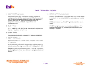 MTT M540000/R3.41 17AUG01
MTT M540000/R3.41 17AUG01
For Training Purposes Only
For Training Purposes Only ATA 21
ATA 21
A300/A310
A300/A310
21-
21-68
68
Cabin Temperature Controls
1. COMPT/DUCT/Temp Selector
Selects the zone or cargo compartment for which temperature
readings are desired. When selector is set to CRT, all compartment
and duct temperatures are indicated on ECAM. When selected to a
position other than CRT, temperatures are indicated on the
temperature indicator, and ECAM displays XX for that
compartment/duct.
2. DUCT Indicator
DUCT TEMPERATURE INDICATOR - Indicates duct temperature in
degrees F to selected compartment.
3. COMPT Indicator
Indicates cabin temperature in degrees F of selected compartment.
4. COMPT TEMP Selectors
Selects temperature for automatic control or provides manual control
of temperature.
AUTO-Associated compartment temperature is controlled relative to
selector position. Full range is from 65° to 85°F. Mid position is 75°F.
MAN-Associated compartment temperature is manually controlled by
positioning the zone trim air valve. Selector is spring loaded to center
position.
5. HOT AIR SUPPLY Pushbutton Switch
Opens or closes the hot air supply valve. When valve is open, hot air
is provided to the hot air manifold. When switch is pressed in, valve
opens.
OFF-Switch released out. White OFF light indicates hot air valve is
closed.
OVHT-Amber light comes on if overheat is detected in one of the
zone distribution ducts. Hot air valve closes. Appropriate ECAM
message is displayed.
 