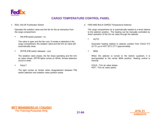 MTT M540000/R3.41 17AUG01
MTT M540000/R3.41 17AUG01
For Training Purposes Only
For Training Purposes Only ATA 21
ATA 21
A300/A310
A300/A310
21-
21-94
94
CARGO TEMPERATURE CONTROL PANEL
1. ISOL VALVE Pushbutton Switch
Operates the isolation valve and the fan for the air extraction from
the cargo compartment.
• ON (P/B switch pressed - in)
The valve is open and the fan runs. If smoke is detected in the
cargo compartment, the isolation valve and the trim air valve will
automatically close.
• OFF/R (P/B switch released - out)
The isolation valve closes, the fan stops operating and the trim
air valve closes. OFF/R lights comes on White. Smoke detection
circuit is reset.
• FAULT
The light comes on Amber when disagreement between P/B
switch selection and isolation valve position exists.
2. FWD AND BULK CARGO Temperature Selector
The cargo compartment air is automatically heated to a level relative
to the selector position., The heating can be manually controlled by
direct operation of the trim air valve through the selector.
• AUTO
Automatic heating relative to selector position from COLD 5°C
(41°F) up to HOT 25°C (77°) approximately.
• MAN
When the selector is turned to the bottom quadrant, it is
spring-loaded to the center MAN position. Heating control is
manual.
COLD - Trim air valve closes.
HOT - Trim air valve opens.
 