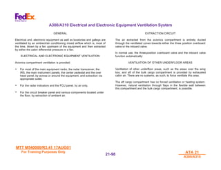 MTT M540000/R3.41 17AUG01
MTT M540000/R3.41 17AUG01
For Training Purposes Only
For Training Purposes Only ATA 21
ATA 21
A300/A310
A300/A310
21-
21-98
98
A300/A310 Electrical and Electronic Equipment Ventilation System
GENERAL
Electrical and. electronic equipment as well as lavatories and galleys are
ventilated by an ambient/air conditioning mixed airflow which is, most of
the time, blown by a fan upstream of the equipment and then extracted
by either the cabin differential pressure or a fan.
ELECTRICAL AND ELECTRONIC EQUIPMENT VENTILATION
Avionics compartment ventilation is provided:
• For most of the main equipment racks, the radar transceiver, the
IRS, the main instrument panels, the center pedestal and the over
head panel, by across or around the equipment, and extraction via
appropriate outlet.
• For the radar indicators and the FCU panel, by air only.
• For the circuit breaker panel and various components located under
the floor, by extraction of ambient air.
EXTRACTION CIRCUIT
The air extracted from the avionics compartment is entirely ducted
through the ventilated zones towards either the three position overboard
valve or the inboard valve.
In normal use, the three-position overboard valve and the inboard valve
function automatically:
VENTILATION OF OTHER UNDERFLOOR AREAS
Ventilation of other underfloor areas, such as the areas over the wing
box, and aft of the bulk cargo compartment is provided by exhausted
cabin air. There are no systems, as such, to force ventilate this area.
The aft cargo compartment has no forced ventilation or heating system.
However, natural ventilation through flaps in the flexible wall between
this compartment and the bulk cargo compartment, is possible.
 