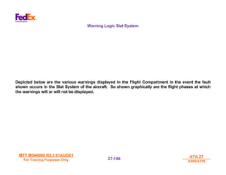 MTT M540000 R3.3 01AUG01
MTT M540000 R3.3 01AUG01
For Training Purposes Only
For Training Purposes Only
ATA 27
ATA 27
A300/A310
A300/A310
27-
27-106
106
Warning Logic Slat System
Depicted below are the various warnings displayed in the Flight Compartment in the event the fault
shown occurs in the Slat System of the aircraft. So shown graphically are the flight phases at which
the warnings will or will not be displayed.
 