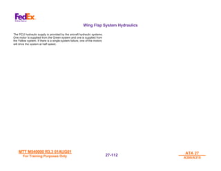 MTT M540000 R3.3 01AUG01
MTT M540000 R3.3 01AUG01
For Training Purposes Only
For Training Purposes Only
ATA 27
ATA 27
A300/A310
A300/A310
27-
27-112
112
Wing Flap System Hydraulics
The PCU hydraulic supply is provided by the aircraft hydraulic systems.
One motor is supplied from the Green system and one is supplied from
the Yellow system. If there is a single-system failure, one of the motors
will drive the system at half speed.
 