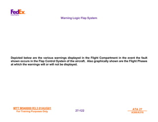 MTT M540000 R3.3 01AUG01
MTT M540000 R3.3 01AUG01
For Training Purposes Only
For Training Purposes Only
ATA 27
ATA 27
A300/A310
A300/A310
27-
27-122
122
Warning Logic Flap System
Depicted below are the various warnings displayed in the Flight Compartment in the event the fault
shown occurs in the Flap Control System of the aircraft. Also graphically shown are the Flight Phases
at which the warnings will or will not be displayed.
 