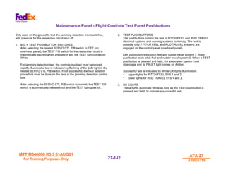 MTT M540000 R3.3 01AUG01
MTT M540000 R3.3 01AUG01
For Training Purposes Only
For Training Purposes Only
ATA 27
ATA 27
A300/A310
A300/A310
27-
27-142
142
Maintenance Panel - Flight Controls Test Panel Pushbuttons
Only used on the ground to test the jamming detection microswitches,
with pressure for the respective circuit shut off.
1. B,G,Y TEST PUSHBUTTON SWITCHES
After selecting the related SERVO CTL P/B switch to OFF (on
overhead panel), the TEST P/B switch for the respective circuit is
magnetically latched when pressed-in and the TEST light comes on
White.
For jamming detection test, the controls involved must be moved
rapidly. Successful test is indicated by flashing of the JAM light in the
related SERVO CTL P/B switch. If not successful, the fault isolation
procedure must be done on the face of the jamming detection control
box.
After selecting the SERVO CTL P/B switch to normal, the TEST P/B
switch is automatically released-out and the TEST light goes off.
2. TEST PUSHBUTTONS
The pushbuttons control the test of PITCH FEEL and RUD TRAVEL
electrical systems and warning systems continuity. The test is
possible only if PITCH FEEL and RUD TRAVEL systems are
engaged on the control panel (overhead panel).
Left pushbutton tests pitch feel and rudder travel system 1. Right
pushbutton tests pitch feel and rudder travel system 2. When a TEST
pushbutton is pressed and held, the associated system must
disengage and its FAULT light comes on Amber.
Successful test is indicated by White OK lights illumination.
• upper lights for PITCH FEEL SYS 1 and 2
• lower lights for RUD TRAVEL SYS 1 and 2.
3. OK LIGHTS
These lights illuminate White as long as the TEST pushbutton is
pressed and held, to indicate a successful test.
 