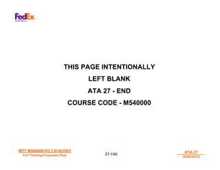 MTT M540000 R3.3 01AUG01
MTT M540000 R3.3 01AUG01
For Training Purposes Only
For Training Purposes Only
ATA 27
ATA 27
A300/A310
A300/A310
27-
27-146
146
THIS PAGE INTENTIONALLY
LEFT BLANK
ATA 27 - END
COURSE CODE - M540000
 