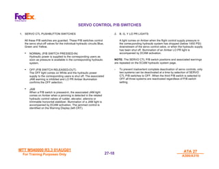 MTT M540000 R3.3 01AUG01
MTT M540000 R3.3 01AUG01
For Training Purposes Only
For Training Purposes Only
ATA 27
ATA 27
A300/A310
A300/A310
27-
27-18
18
SERVO CONTROL P/B SWITCHES
1. SERVO CTL PUSHBUTTON SWITCHES
All these P/B switches are guarded. These P/B switches control
the servo shut-off valves for the individual hydraulic circuits Blue,
Green and Yellow.
• NORMAL (P/B SWITCH PRESSED-IN)
Hydraulic power is supplied to the corresponding users as
soon as pressure is available in the corresponding hydraulic
system.
• OFF (P/B SWITCH RELEASED-OUT)
The OFF light comes on White and the hydraulic power
supply to the corresponding users is shut off. The associated
JAM warning is inhibited and LO PR Amber illumination
confirms the OFF selection.
• JAM
When a P/B switch is pressed-in, the associated JAM light
comes on Amber when a jamming is detected in the related
hydraulic control valves of rudder, elevator, ailerons or
trimmable horizontal stabilizer. Illumination of a JAM light is
accompanied by ECAM activation. The jammed control is
identified on the Warning Display (left CRT).
2. B, G, Y LO PR LIGHTS
A light comes on Amber when the flight control supply pressure in
the corres ponding hydraulic system has dropped (below 1450 PSI)
downstream of the servo control valve, or when the hydraulic supply
has been shut off. Illumination of an Amber LO PR light is
accompanied by ECAM activation.
NOTE: The SERVO CTL P/B switch positions and associated warnings
are repeated on the ECAM hydraulic system page.
- To prevent inadvertent complete deactivation of servo controls, only
two systems can be deactivated at a time by selection of SERVO
CTL P/B switches to OFF. When the third P/B switch is selected to
OFF all three systems are reactivated regardless of P/B switch
setting.
 
