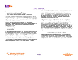 MTT M540000 R3.3 01AUG01
MTT M540000 R3.3 01AUG01
For Training Purposes Only
For Training Purposes Only
ATA 27
ATA 27
A300/A310
A300/A310
27-
27-22
22
ROLL CONTROL
The roll control surfaces on each wing are:
• One (1) aileron powered by 3 servo controls
• 5 roll spoilers, each one powered by one (1) servo control.
The spoiler system is supplied from two normal bus bars (28 V DC and
26 V AC). If the normal buses have been cut off before landing, power is
supplied again to three spoiler groups by pressing the LAND RECOVERY
P/B switch on the overhead panel.
From the two interconnected control wheels, the roll inputs are
transmitted to the ailerons by dual cables providing fail safe operation. In
each wing the inputs are transmitted to a differential unit receiving
additional inputs from:
• artificial feel unit
• aileron droop unit
• trim screw jack
In case of jamming in one control run, the interconnected spring strut can
be compressed to permit operation of the other control run to the other
wing. The pilot effort required on the wheel is between 34 lbs. and 90 lbs.
Spoiler control is still available but downgraded. Each servo control
linkage on the aileron includes a spring rod to protect it against a
runaway if an input lever on one jack remains in the open position.
The artificial feel is provided by a spring loaded rod. The, trim actuator is
electrically signaled by a control on the center pedestal. In order to
improve the aerodynamic characteristics, a droop signal coming from the
slats control system moves the ailerons down 9.2° maximum when the
slats are extended. During cruise, the operational limits for aileron trim
are ±2°. The roll spoilers and speedbrakes are electrically signaled by
two identical computers (EFCU-Electrical Flight Control Units) that
elaborate the roll orders by processing the signals coming from the
control wheel position transducers units.
Each computer is composed of two control units and two monitoring
units. Each unit controls or monitors one group of surfaces. Each group is
made of one or two pairs of servo controls: spoilers 2-3, spoilers 4-1,
spoilers 5-7, spoilers 6. Thus, for a group of servo controls, the
corresponding control unit is in one computer and the monitoring unit is in
the other one. For the roll spoilers the control laws are such that they are
not usually used unless the control wheel is moved enough. An autopilot
servo actuator is mounted adjacent to the RH wing rear cable quadrant. It
drives the complete control via a detent lever which can be overridden by
the pilots.
INTERFACE WITH AUTOPILOT SYSTEM
An autopilot actuator is mounted adjacent to the right wing rear cable
quadrant; it drives the complete control via a detent lever which can be
overridden by the pilots. Dynamometric rods are installed upstream of the
cable tension regulators, they provide control signals to the control wheel
steering system.
 