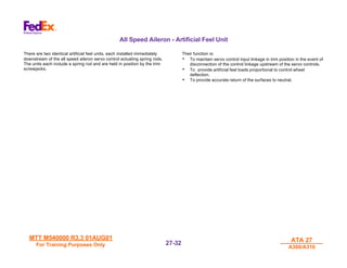 MTT M540000 R3.3 01AUG01
MTT M540000 R3.3 01AUG01
For Training Purposes Only
For Training Purposes Only
ATA 27
ATA 27
A300/A310
A300/A310
27-
27-32
32
All Speed Aileron - Artificial Feel Unit
There are two identical artificial feel units, each installed immediately
downstream of the all speed aileron servo control actuating spring rods.
The units each include a spring rod and are held in position by the trim
screwjacks.
Their function is:
• To maintain servo control input linkage in trim position in the event of
disconnection of the control linkage upstream of the servo controls.
• To provide artificial feel loads proportional to control wheel
deflection.
• To provide accurate return of the surfaces to neutral.
 