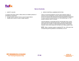 MTT M540000 R3.3 01AUG01
MTT M540000 R3.3 01AUG01
For Training Purposes Only
For Training Purposes Only
ATA 27
ATA 27
A300/A310
A300/A310
27-
27-46
46
Servo Controls
1. SAFETY VALVES
To preserve the Green system, safety valves are installed upstream of
the following components:
• Krueger selector solenoid valve (in case of engine failure)
• Rudder servo control (in case of inflight collision)
2. SERVO CONTROLS JAMMING DETECTION
There is one jamming detection circuit for each hydraulic system. If
jamming occurs the electronic circuitry inside the jamming detection
control unit receives 28V directly from the jamming detection microswitch
if a servo control is involved and from an intermediate logic if a THS
actuator hydraulic motor is involved.
Jamming detection is associated with the mechanically driven control
valves of the left and right all speed aileron, and left and right elevator
and rudder servo controls. It is also associated with the THS actuator
hydraulic motor control valves (for the Green and Yellow systems only).
NOTE: When a hydraulic system is selected OFF, the + 28V sent to the
corresponding jamming detection microswitches is cut off.
 