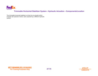 MTT M540000 R3.3 01AUG01
MTT M540000 R3.3 01AUG01
For Training Purposes Only
For Training Purposes Only
ATA 27
ATA 27
A300/A310
A300/A310
27-
27-74
74
Trimmable Horizontal Stabilizer System - Hydraulic Actuation - Components/Location
The trimmable horizontal stabilizer is driven by an actuator which
includes two hydraulic motors, each powered by a different hydraulic
system.
 