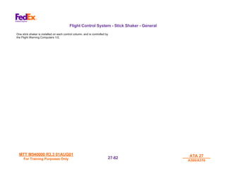 MTT M540000 R3.3 01AUG01
MTT M540000 R3.3 01AUG01
For Training Purposes Only
For Training Purposes Only
ATA 27
ATA 27
A300/A310
A300/A310
27-
27-82
82
Flight Control System - Stick Shaker - General
One stick shaker is installed on each control column, and is controlled by
the Flight Warning Computers 1/2.
 