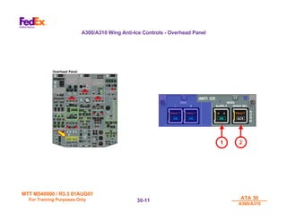 MTT M540000 / R3.3 01AUG01
MTT M540000 / R3.3 01AUG01
For Training Purposes Only
For Training Purposes Only ATA 30
ATA 30
A300/A310
A300/A310
30-
30-11
11
A300/A310 Wing Anti-Ice Controls - Overhead Panel
Overhead Panel
2
1
 