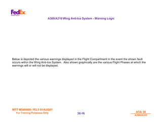 MTT M540000 / R3.3 01AUG01
MTT M540000 / R3.3 01AUG01
For Training Purposes Only
For Training Purposes Only ATA 30
ATA 30
A300/A310
A300/A310
30-
30-16
16
A300/A310 Wing Anti-Ice System - Warning Logic
Below is depicted the various warnings displayed in the Flight Compartment in the event the shown fault
occurs within the Wing Anti-Ice System. Also shown graphically are the various Flight Phases at which the
warnings will or will not be displayed.
 