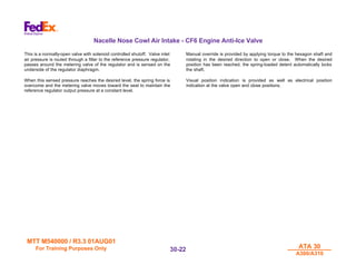 MTT M540000 / R3.3 01AUG01
MTT M540000 / R3.3 01AUG01
For Training Purposes Only
For Training Purposes Only ATA 30
ATA 30
A300/A310
A300/A310
30-
30-22
22
Nacelle Nose Cowl Air Intake - CF6 Engine Anti-Ice Valve
This is a normally-open valve with solenoid controlled shutoff. Valve inlet
air pressure is routed through a filter to the reference pressure regulator,
passes around the metering valve of the regulator and is sensed on the
underside of the regulator diaphragm.
When this sensed pressure reaches the desired level, the spring force is
overcome and the metering valve moves toward the seat to maintain the
reference regulator output pressure at a constant level.
Manual override is provided by applying torque to the hexagon shaft and
rotating in the desired direction to open or close. When the desired
position has been reached, the spring-loaded detent automatically locks
the shaft.
Visual position indication is provided as well as electrical position
indication at the valve open and close positions.
 