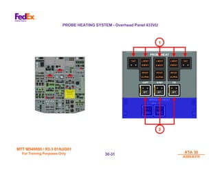 MTT M540000 / R3.3 01AUG01
MTT M540000 / R3.3 01AUG01
For Training Purposes Only
For Training Purposes Only ATA 30
ATA 30
A300/A310
A300/A310
30-
30-31
31
PROBE HEATING SYSTEM - Overhead Panel 433VU
1
2
 