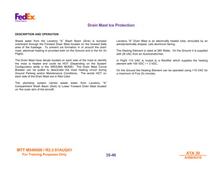 MTT M540000 / R3.3 01AUG01
MTT M540000 / R3.3 01AUG01
For Training Purposes Only
For Training Purposes Only ATA 30
ATA 30
A300/A310
A300/A310
30-
30-46
46
Drain Mast Ice Protection
DESCRIPTION AND OPERATION
Waste water from the Lavatory “A” Wash Basin (Sink) is dumped
overboard through the Forward Drain Mast located on the forward belly
area of the fuselage. To prevent ice formation in or around the drain
mast, electrical heating is provided both on the Ground and in the Air (In
Flight).
The Drain Mast have decals located on each side of the mast to identify
the mast is heated and could be HOT (Depending on the System
Configuration while in the GROUND MODE) The Drain Mast Circuit
Breaker can be pulled to deactivate the mast heating circuit during
Ground Parking and/or Maintenance Conditions. The words HOT on
each side of the Drain Mast are in Red Color
The plumbing system carries waste water from Lavatory “A”
Compartment Wash Basin (Sink) to Lower Forward Drain Mast located
on 'the outer skin of the aircraft.
Lavatory “A” Drain Mast is an electrically heated tube, shrouded by an
aerodynamically shaped, cast aluminum fairing.
The Heating Element is rated at 285 Watts. On the Ground it is supplied
with 28 VAC from an Autotransformer.
In Flight 115 VAC is routed to a Rectifier which supplies the heating
element with 100 VDC / + 3 VDC.
On the Ground the Heating Element can be operated using 115 VAC for
a maximum of Five (5) minutes.
 