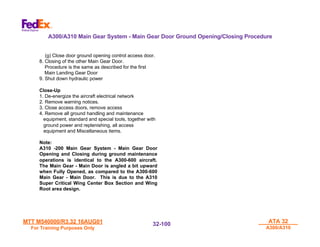 MTT M540000/R3.32 16AUG01
MTT M540000/R3.32 16AUG01
For Training Purposes Only
For Training Purposes Only
ATA 32
ATA 32
A300/A310
A300/A310
32-
32-100
100
(g) Close door ground opening control access door.
8. Closing of the other Main Gear Door.
Procedure is the same as described for the first
Main Landing Gear Door
9. Shut down hydraulic power
Close-Up
1. De-energize the aircraft electrical network
2. Remove warning notices.
3. Close access doors, remove access
4. Remove all ground handling and maintenance
equipment, standard and special tools, together with
ground power and replenishing, all access
equipment and Miscellaneous items.
Note:
A310 -200 Main Gear System - Main Gear Door
Opening and Closing during ground maintenance
operations is identical to the A300-600 aircraft.
The Main Gear - Main Door is angled a bit upward
when Fully Opened, as compared to the A300-600
Main Gear - Main Door. This is due to the A310
Super Critical Wing Center Box Section and Wing
Root area design.
A300/A310 Main Gear System - Main Gear Door Ground Opening/Closing Procedure
 