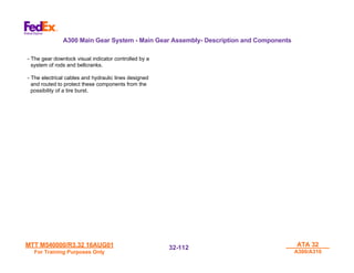 MTT M540000/R3.32 16AUG01
MTT M540000/R3.32 16AUG01
For Training Purposes Only
For Training Purposes Only
ATA 32
ATA 32
A300/A310
A300/A310
32-
32-112
112
- The gear downlock visual indicator controlled by a
system of rods and bellcranks.
- The electrical cables and hydraulic lines designed
and routed to protect these components from the
possibility of a tire burst.
A300 Main Gear System - Main Gear Assembly- Description and Components
 