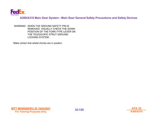 MTT M540000/R3.32 16AUG01
MTT M540000/R3.32 16AUG01
For Training Purposes Only
For Training Purposes Only
ATA 32
ATA 32
A300/A310
A300/A310
32-
32-120
120
WARNING : WHEN THE GROUND SAFETY PIN IS
REMOVED, VISUALLY CHECK THE DOWN
POSITION OF THE FORK-TYPE LEVER ON
THE TELESCOPIC STRUT GROUND
LOCKING SYSTEM.
Make certain that wheel chocks are in position
A300/A310 Main Gear System - Main Gear General Safety Precautions and Safety Devices
 