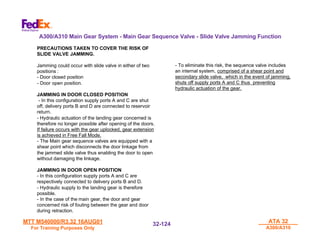 MTT M540000/R3.32 16AUG01
MTT M540000/R3.32 16AUG01
For Training Purposes Only
For Training Purposes Only
ATA 32
ATA 32
A300/A310
A300/A310
32-
32-124
124
PRECAUTIONS TAKEN TO COVER THE RISK OF
SLIDE VALVE JAMMING.
Jamming could occur with slide valve in either of two
positions :
- Door closed position
- Door open position.
JAMMING IN DOOR CLOSED POSITION
- In this configuration supply ports A and C are shut
off, delivery ports B and D are connected to reservoir
return.
- Hydraulic actuation of the landing gear concerned is
therefore no longer possible after opening of the doors.
If failure occurs with the gear uplocked, gear extension
is achieved in Free Fall Mode.
- The Main gear sequence valves are equipped with a
shear point which disconnects the door linkage from
the jammed slide valve thus enabling the door to open
without damaging the linkage.
JAMMING IN DOOR OPEN POSITION
- In this configuration supply ports A and C are
respectively connected to delivery ports B and D.
- Hydraulic supply to the landing gear is therefore
possible.
- In the case of the main gear, the door and gear
concerned risk of fouling between the gear and door
during retraction.
- To eliminate this risk, the sequence valve includes
an internal system, comprised of a shear point and
secondary slide valve, which in the event of jamming,
shuts off supply ports A and C thus preventing
hydraulic actuation of the gear.
A300/A310 Main Gear System - Main Gear Sequence Valve - Slide Valve Jamming Function
 