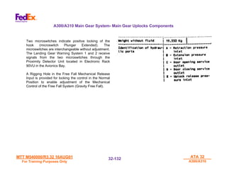 MTT M540000/R3.32 16AUG01
MTT M540000/R3.32 16AUG01
For Training Purposes Only
For Training Purposes Only
ATA 32
ATA 32
A300/A310
A300/A310
32-
32-132
132
Two microswitches indicate positive locking of the
hook (microswitch Plunger Extended). The
microswitches are interchangeable without adjustment.
The Landing Gear Warning System 1 and 2 receive
signals from the two microswitches through the
Proximity Detector Unit located in Electronic Rack
90VU in the Avionics Bay.
A Rigging Hole in the Free Fall Mechanical Release
Input is provided for locking the control in the Normal
Position to enable adjustment of the Mechanical
Control of the Free Fall System (Gravity Free Fall).
A300/A310 Main Gear System- Main Gear Uplocks Components
 