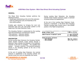 MTT M540000/R3.32 16AUG01
MTT M540000/R3.32 16AUG01
For Training Purposes Only
For Training Purposes Only
ATA 32
ATA 32
A300/A310
A300/A310
32-
32-138
138
GENERAL
The Brace Strut Actuating Cylinder performs the
following functions.
• Assists gear downlocking at the end of the extension
cycle by pushing the Lock Link Assembly to the
over-center position.
Enables gear retraction by bringing the Lock Link
Assembly back from the over-center position at the
beginning of the Gear Retraction Cycle.
The Actuating Cylinder is pressurized by the Landing
Gear Normal Extension and Retraction System
• Rod extension : Extension System
• Rod Retraction : Retraction System
DESCRIPTION
During Landing Gear Extension the Actuating Cylinder
Green System hydraulic supply passes through a
Restrictor Valve maintain the pressure in the Extension
Chamber at the limit of cavitation. The expelled fluid
passes through a restrictor. This prevents excessive
shocks in the actuating cylinder at the end of the
Extension Cycle.
At the end of Landing Gear Extension, the nominal
pressure is established in the actuating cylinder and
serves to push the Lock Link Assembly over-center.
During Landing Gear Retraction, the Actuating
Cylinder Green System hydraulic supply is restricted
to prevent abrupt rod displacement.
At the end of the Landing Gear Extension Cycle,
pressure is maintained in the Brace Strut Actuating
Cylinder (Landing Gear Control Lever in the DOWN
position in the Flight Compartment).
A300 Main Gear System - Main Gear Brace Strut Actuating Cylinder
 
