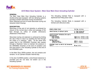 MTT M540000/R3.32 16AUG01
MTT M540000/R3.32 16AUG01
For Training Purposes Only
For Training Purposes Only
ATA 32
ATA 32
A300/A310
A300/A310
32-
32-140
140
GENERAL
The Main Gear Main Door Actuating Cylinder is a
double-acting type equipped with two damping systems
providing constant slow-down during rod extension
(Door Opening) and end of travel slow-down during rod
retraction (Door Closing).
DESCRIPTION
Slow-down at the end of rod retraction is achieved by
closure of the normal return orifice and passage of the
fluid through an orifice of smaller dimensions
(Restriction of fluid flow).
Slow-down during rod extension is achieved by limiting
the rate of flow to return by expelling the fluid through
the orifice of a restrictor valve. At the same time
supply fluid to the OPENING Chamber also passes
through a Restrictor Valve to maintain the pressure in
the OPENING Chamber at the limit of cavitation and
thus limit shock in the Actuating Cylinder at the end of
the OPENING cycle.
In the Main Door OPEN position, the rod contacts and
remains on an Cylinder Actuator internal stop.
In the door CLOSED position, end-of-travel clearance is
provided and the rod does not bottom out in the
Actuating Cylinder.
The Actuating Cylinder Rod is equipped with a
Spherical End Fitting (Door side).
The Actuating Cylinder Body is equipped with a
Gimbal Joint (Structure side).
A310 Main Gear System - Main Gear Main Door Actuating Cylinder
 