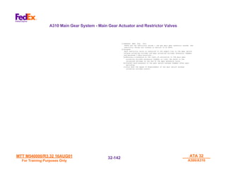 MTT M540000/R3.32 16AUG01
MTT M540000/R3.32 16AUG01
For Training Purposes Only
For Training Purposes Only
ATA 32
ATA 32
A300/A310
A300/A310
32-
32-142
142
(1)General (Ref. Fig. 051)
There are two restrictor valves ; one per main gear hydraulic system. The
restrictor valves are located in section 15 at FR54.
(2)Purpose
Each restrictor valve is installed in the supply line to the gear uplock
release actuating cylinder and gear actuating cylinder extension chamber
and performs 3 main functions :
(a)Maintain a pressure at the limit of cavitation in the main gear
actuating cylinder extension chamber to limit the shock in the
actuating cylinder at the end of the gear extension cycle.
(b)Prevent back pressure to the gear uplock release chamber after gear
uplocking.
(c)Slow down the speed of displacement of the gear uplock release
actuating cylinder piston.
A310 Main Gear System - Main Gear Actuator and Restrictor Valves
 