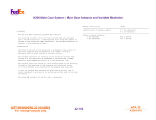MTT M540000/R3.32 16AUG01
MTT M540000/R3.32 16AUG01
For Training Purposes Only
For Training Purposes Only
ATA 32
ATA 32
A300/A310
A300/A310
32-
32-146
146
(1)General
The two main gear actuating cylinders are identical
The actuating cylinders are of the double-acting type each equipped
with a variable restrictor, a dampingsystem which slows down travel at
the end of rod retraction (gear retraction). The variable restrictor is
external to the actuating cylinder.
(2)Description
Slow down at the end of rod retraction is achieved by restriction of
the fluid, expelled from the extension side chamber, through a
calibrated orifice after closing of the main orifice.
The variable restrictor is installed on the actuating cylinder body.
Orifice A of the restrictor is connected to the actuating cylinder
retraction side chamber and orifice B to the retraction line.
The variable restrictor serves to limit pressure peaks in the actuating
cylinder at the beginning of the extension and retraction cycles.
It is controlled by a rod connected to the landing gear hinge arm.
In both the landing gear uplocked and downlocked positions, end of
travel clearance is provided in the actuating cylinder and the rod does
not bottom.
.
The actuating cylinder rod end fitting is adjustable.
Weight without fluid 99 Kg
-------------------------------------------------------------------------------
Identification of hydraulic ports A : Rod retraction
B : Rod extension
-------------------------------------------------------------------------------
Center-to-center distances
- Rod extended 683 to 693 mm
- Rod retracted 412 to 422 mm
A300 Main Gear System - Main Gear Actuator and Variable Restrictor
 