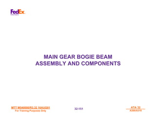 MTT M540000/R3.32 16AUG01
MTT M540000/R3.32 16AUG01
For Training Purposes Only
For Training Purposes Only
ATA 32
ATA 32
A300/A310
A300/A310
32-
32-151
151
MAIN GEAR BOGIE BEAM
MAIN GEAR BOGIE BEAM
ASSEMBLY AND COMPONENTS
ASSEMBLY AND COMPONENTS
 