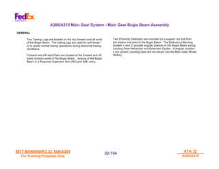 MTT M540000/R3.32 16AUG01
MTT M540000/R3.32 16AUG01
For Training Purposes Only
For Training Purposes Only
ATA 32
ATA 32
A300/A310
A300/A310
32-
32-154
154
GENERAL
Two Towing Lugs are located on the top forward and aft ends
of the Bogie Beam. The towing lugs are used for soft terrain
or to assist normal towing operations during abnormal towing
conditions.
Forward and Aft Jack Pads are located at the forward and aft
lower (bottom) ends of the Bogie Beam. Jacking of the Bogie
Beam is a Required Inspection Item (RII) and AML entry.
Two Proximity Detectors are mounted on a support rod bolt from
the bottom mid area of the Bogie Beam. The Detectors (Warning
System 1 and 2) provide angular position of the Bogie Beam during
Landing Gear Retraction and Extension Cycles. If angular position
s not correct, Landing Gear will not retract into the Main Gear Wheel
Well(s)
A300/A310 Main Gear System - Main Gear Bogie Beam Assembly
 