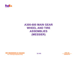MTT M540000/R3.32 16AUG01
MTT M540000/R3.32 16AUG01
For Training Purposes Only
For Training Purposes Only
ATA 32
ATA 32
A300/A310
A300/A310
32-
32-165
165
A300-600 MAIN GEAR
A300-600 MAIN GEAR
WHEEL AND TIRE
WHEEL AND TIRE
ASSEMBLIES
ASSEMBLIES
(MESSIER)
(MESSIER)
 