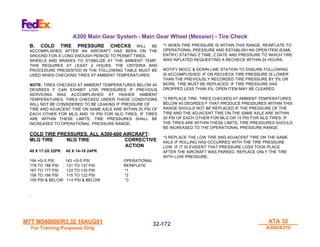 MTT M540000/R3.32 16AUG01
MTT M540000/R3.32 16AUG01
For Training Purposes Only
For Training Purposes Only
ATA 32
ATA 32
A300/A310
A300/A310
32-
32-172
172
B. COLD TIRE PRESSURE CHECKS WILL BE
ACCOMPLISHED AFTER AN AIRCRAFT HAS BEEN ON THE
GROUND FOR A LONG ENOUGH PERIOD TO PERMIT TIRES,
WHEELS AND BRAKES TO STABILIZE AT THE AMBIENT TEMP.
THIS REQUIRES AT LEAST 2 HOURS. THE CRITERIA AND
PROCEDURE PRESENTED IN THE FOLLOWING TABLE MUST BE
USED WHEN CHECKING TIRES AT AMBIENT TEMPERATURES:
NOTE: TIRES CHECKED AT AMBIENT TEMPERATURES BELOW 40
DEGREES F CAN EXHIBIT LOW PRESSURES IF PREVIOUS
SERVICING WAS ACCOMPLISHED AT HIGHER AMBIENT
TEMPERATURES. TIRES CHECKED UNDER THESE CONDITIONS
WILL NOT BE CONSIDERED TO BE LEAKING IF PRESSURE OF
TIRE AND ADJACENT TIRE ON SAME AXLE ARE WITHIN 20 PSI OF
EACH OTHER FOR MLG AND 15 PSI FOR NLG TIRES. IF TIRES
ARE WITHIN THESE LIMITS, TIRE PRESSURES SHALL BE
INCREASED TO OPERATIONAL PRESSURE RANGE.
COLD TIRE PRESSURES. ALL A300-600 AIRCRAFT:
MLG TIRE NLG TIRE CORRECTIVE
ACTION
49 X 17-20 32PR 40 X 14-16 24PR
194 +0/-5 PSI 143 +0/-5 PSI OPERATIONAL
178 TO 188 PSI 131 TO 137 PSI REINFLATE
167 TO 177 PSI 123 TO 130 PSI *1
156 TO 166 PSI 115 TO 122 PSI *2
155 PSI & BELOW 114 PSI & BELOW *3
.
*1 WHEN TIRE PRESSURE IS WITHIN THIS RANGE, REINFLATE TO
OPERATIONAL PRESSURE AND ESTABLISH AN OPEN ITEM (EAML
ENTRY) STATING Z TIME, Z DATE AND PRESSURE TO WHICH TIRE
WAS INFLATED REQUESTING A RECHECK WITHIN 24 HOURS.
NOTIFY MOCC & DOWN LINE STATION TO ENSURE FOLLOWING
IS ACCOMPLISHED: IF ON RECHECK TIRE PRESSURE IS LOWER
THAN THE PREVIOUSLY RECORDED TIRE PRESSURE BY 5% OR
MORE, TIRE MUST BE REPLACED. IF TIRE PRESSURE HAS
DROPPED LESS THAN 5%, OPEN ITEM MAY BE CLEARED.
*2 REPLACE TIRE. TIRES CHECKED AT AMBIENT TEMPERATURES
BELOW 40 DEGREES F THAT PRODUCE PRESSURES WITHIN THIS
RANGE SHOULD NOT BE REPLACED IF THE PRESSURE OF THE
TIRE AND THE ADJACENT TIRE ON THE SAME AXLE ARE WITHIN
20 PSI OF EACH OTHER FOR MLG OR 15 PSI FOR NLG TIRES. IF
THE TIRES ARE WITHIN THESE LIMITS, TIRE PRESSURES SHOULD
BE INCREASED TO THE OPERATIONAL PRESSURE RANGE.
*3 REPLACE THE LOW TIRE AND ADJACENT TIRE ON THE SAME
AXLE IF ROLLING HAS OCCURRED WITH THE TIRE PRESSURE
LOW. IF IT IS EVIDENT THAT PRESSURE LOSS TOOK PLACE
AFTER THE AIRCRAFT WAS PARKED, REPLACE ONLY THE TIRE
WITH LOW PRESSURE.
A300 Main Gear System - Main Gear Wheel (Messier) - Tire Check
 