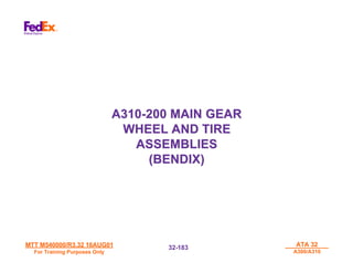 MTT M540000/R3.32 16AUG01
MTT M540000/R3.32 16AUG01
For Training Purposes Only
For Training Purposes Only
ATA 32
ATA 32
A300/A310
A300/A310
32-
32-183
183
A310-200 MAIN GEAR
A310-200 MAIN GEAR
WHEEL AND TIRE
WHEEL AND TIRE
ASSEMBLIES
ASSEMBLIES
(BENDIX)
(BENDIX)
 