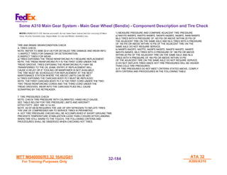 MTT M540000/R3.32 16AUG01
MTT M540000/R3.32 16AUG01
For Training Purposes Only
For Training Purposes Only
ATA 32
ATA 32
A300/A310
A300/A310
32-
32-184
184
NOTE:
NOTE:FEDEXA310-200SeriesaircraftdonothavefansinstalledforcoolingOfMain
Gear Brake Assemblies,BogieBeam AxlesandWheel Assemblies.
TIRE AND BRAKE WEAR/CONDITION CHECK
A. TIRES CHECK
NOTE: REFER TO AMM 32-41-00 FOR DETAILED TIRE DAMAGE AND WEAR INFO.
1) INSPECT TIRES FOR DAMAGE OR DETERIORATION.
2) INSPECT TIRES FOR WEAR.
a) TIRES EXPOSING THE TREAD REINFORCING PLY REQUIRE REPLACEMENT.
NOTE: THE TREAD REINFORCING PLY IS THE FIRST CORD UNDER THE
TREAD GROOVE. TIRES EXPOSING THE REINFORCING PLY MAY BE
TRANSFERRED TO THE OIL (EAML ENTRY) IF REPLACEMENT WILL
CAUSE A DELAY OR IF TOOLING OR MANPOWER IS NOT AVAILABLE.
THE TIRE MUST BE SCHEDULED FOR REPLACEMENT AT THE NEXT
MAINTENANCE STATION WHERE THE ABOVE LIMITS CAN BE MET.
b) TIRES EXPOSING THE CARCASS BODY PLY MUST BE REPLACED.
NOTE: THE FIRST CARCASS BODY PLY IS THE FIRST CORD UNDER THE TWO
TWO TREAD REINFORCING CORDS AND THE THIRD CORD UNDER THE
TREAD GROOVES. WEAR INTO THE CARCASS PLIES WILL CAUSE
SCRAPPING BY THE RETREADER.
7. TIRE PRESSURES CHECK
NOTE: CHECK TIRE PRESSURE WITH CALIBRATED, HAND-HELD GAUGE.
SEE TABLE BELOW FOR TIRE PRESSURE LIMITS AND AIRCRAFT
EFFECTIVITY. (REF: MM 12-14-32)
NOTE: AD 87-08-09 REQUIRES THE USE OF DRY NITROGEN TO INFLATE TIRES.
THE USE OF COMPRESSED AIR TO SERVICE TIRES IS PROHIBITED.
A. HOT TIRE PRESSURE CHECKS WILL BE ACCOMPLISHED IF SHORT GROUND TIME
PREVENTS TEMPERATURE STABILIZATION (LESS THAN 2 HOURS AFTER LANDING
WHEN TIRE STILL WARM TO THE TOUCH). THE FOLLOWING CRITERIA AND
PROCEDURES SHALL BE OBSERVED WHEN CHECKING HOT TIRES.
1) MEASURE PRESSURE AND COMPARE ADJACENT TIRE PRESSURE.
a) N401FE-N405FE, N407FE-N408FE, N424FE-N426FE, N428FE, N446-N450FE
MLG TIRES WITH A PRESSURE OF 183 PSI OR ABOVE WITHIN 20 PSI OF
THE ADJACENT TIRE ON THE SAME AXLE AND NLG TIRES WITH A PRESSURE
OF 150 PSI OR ABOVE WITHIN 15 PSI OF THE ADJACENT TIRE ON THE
SAME AXLE DO NOT REQUIRE SERVICE.
b) N409FE-N423FE, N427FE, N429FE-N430FE, N442FE-N443FE, N445FE
N451FE-N454FE, MLG TIRES WITH A PRESSURE OF 199 PSI OR ABOVE
WITHIN 20 PSI OF THE ADJACENT TIRE ON THE SAME AXLE AND NLG
TIRES WITH A PRESSURE OF 164 PSI OR ABOVE WITHIN 15 PSI
OF THE ADJACENT TIRE ON THE SAME AXLE DO NOT REQUIRE SERVICE.
2) DO NOT DEFLATE TIRES SINCE HOT TIRE PRESSURES WILL BE HIGHER
THAN COLD TIRE PRESSURES.
3) IF TIRE PRESSURES DO NOT MEET CRITERIA STATED ABOVE, COMPLY
WITH CRITERIA AND PROCEDURES IN THE FOLLOWING TABLE.
Some A310 Main Gear System - Main Gear Wheel (Bendix) - Component Description and Tire Check
 