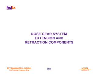 MTT M540000/R3.32 16AUG01
MTT M540000/R3.32 16AUG01
For Training Purposes Only
For Training Purposes Only
ATA 32
ATA 32
A300/A310
A300/A310
32-
32-55
55
NOSE GEAR SYSTEM
NOSE GEAR SYSTEM
EXTENSION AND
EXTENSION AND
RETRACTION COMPONENTS
RETRACTION COMPONENTS
 