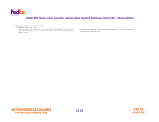MTT M540000/R3.32 16AUG01
MTT M540000/R3.32 16AUG01
For Training Purposes Only
For Training Purposes Only
ATA 32
ATA 32
A300/A310
A300/A310
32-
32-62
62
A300/310 Nose Gear System - Nose Gear Uplock Release Restrictor - Description
H. Nose Gear Uplock Release Restrictor
(1)General (Ref. Fig. 041)
The restrictor is installed in the nose gear RH sequence valve port D
(Ref. paragraph 2.G.) i.e. in the nose gear uplock actuating cylinder
supply line.
The restrictor serves to slow down displacement of the uplock release
actuating cylinder piston.
 