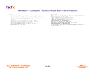 MTT M540000/R3.32 16AUG01
MTT M540000/R3.32 16AUG01
For Training Purposes Only
For Training Purposes Only
ATA 32
ATA 32
A300/A310
A300/A310
32-
32-64
64
A300/310 Nose Gear System - Downlock/ Uplock Microswitch Components
A. General
The landing gear and door configuration is identified by two similar
systems of microswitches and proximity detectors :
- System 1 supplied with 28VDC via busbar 305PP (ESSENTIAL BUSBAR) or, in
the case of landing gear and door indicating on the center instrument
panel, by busbar 303PP (ESSENTIAL BUSBAR) connected to the batteries if
necessary.
- System 2 supplied via the NORMAL busbar 104PP (28VDC).
The signals generated are used in the following functions :
- Landing gear retraction safeties : Ref. 32-31
- Landing gear and door position indicating : Ref. 32-61
- Associated relays : Ref. 32-62
B. Microswitches
Microswitches are used in those areas which are relatively protected
against projections from the ground.
- Door uplocks--------------------------------2
- Gear uplocks--------------------------------1
- Nose gear telescopic strut------------------1
The microswitches are interchangeable.
They are of the two-pole, snap break type.
The extremity of the plunger is equipped with a roller.
Sealing is achieved by a welded bellows.
In the absence of input load the microswitch automatically returns to
the break position.
 