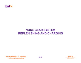 MTT M540000/R3.32 16AUG01
MTT M540000/R3.32 16AUG01
For Training Purposes Only
For Training Purposes Only
ATA 32
ATA 32
A300/A310
A300/A310
32-
32-69
69
NOSE GEAR SYSTEM
NOSE GEAR SYSTEM
REPLENISHING AND CHARGING
REPLENISHING AND CHARGING
 