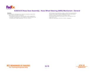 MTT M540000/R3.32 16AUG01
MTT M540000/R3.32 16AUG01
For Training Purposes Only
For Training Purposes Only
ATA 32
ATA 32
A300/A310
A300/A310
32-
32-78
78
GENERAL
GENERAL
The nose gear gear is equipped with two identical actuating cylinders which
serve to steer the aircraft on the ground.
- The cylinders are hydraulically controlled over a travel corresponding to
a nose wheel steering angle of ± 65° by means of a steering control unit
including an anti-shimmy system (Ref. 32-51-00, P. Block 1).
- The two double-acting actuating cylinders include a rack driven by pistons
sliding in the cylinders. The rack is meshed with a pinion on the rotating
tube which rotates in accordance with the hydraulic input.
- During towing the maximum steering angle without disconnection of the
torque links is ± 65°.
- Operation is described in 32-51-00, P. Block 1, Paragraph 5.
A300/A310 Nose Gear Assembly - Nose Wheel Steering (NWS) Mechanism - General
 
