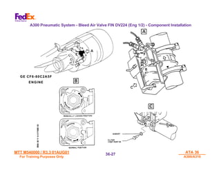MTT M540000 / R3.3 01AUG01
MTT M540000 / R3.3 01AUG01
For Training Purposes Only
For Training Purposes Only
ATA 36
ATA 36
A300/A310
A300/A310
36-
36-27
27
A300 Pneumatic System - Bleed Air Valve FIN DV224 (Eng 1/2) - Component Installation
GE CF6-80C2A5F
ENGINE
 