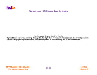MTT M540000 / R3.3 01AUG01
MTT M540000 / R3.3 01AUG01
For Training Purposes Only
For Training Purposes Only
ATA 36
ATA 36
A300/A310
A300/A310
36-
36-46
46
Warning Logic - Engine Bleed Air Warning
Warning Logic - Engine Bleed Air Warning
Depicted below are various warnings displayed in the Flight Deck in the event a fault occurs in the aircraft pneumatic
Depicted below are various warnings displayed in the Flight Deck in the event a fault occurs in the aircraft pneumatic
system. Also graphically shown are the various flight phases at which warnings will or will not be shown.
system. Also graphically shown are the various flight phases at which warnings will or will not be shown.
Warning Logic - JT9D Engine Bleed Air System
 