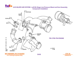 MTT M540000 / R3.3 01AUG01
MTT M540000 / R3.3 01AUG01
For Training Purposes Only
For Training Purposes Only
ATA 36
ATA 36
A300/A310
A300/A310
36-
36-56
56
A310 BLEED AIR SYSTEM - Left 8th Stage Low Pressure Bleed and Duct Assembly
Component Installation
PW JT9D-7R4 ENGINE
 