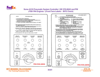 MTT M540000 / R3.3 01AUG01
MTT M540000 / R3.3 01AUG01
For Training Purposes Only
For Training Purposes Only
ATA 36
ATA 36
A300/A310
A300/A310
36-
36-61
61
Some A310 Pneumatic System Controller / GE CF6-80A3 and PW
JT9D-7R4 Engines - (Front Face Labels - BITE Check)
FIN 41HA (42HA)
FIN 41HA (42HA
 