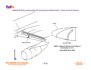 MTT M540000 / R3.3 01AUG01
MTT M540000 / R3.3 01AUG01
For Training Purposes Only
For Training Purposes Only
ATA 36
ATA 36
A300/A310
A300/A310
36-
36-76
76
NACA = National Advisory Committee of
NACA = National Advisory Committee of
Aeronautics U. S. A.
Aeronautics U. S. A.
- Now NASA Since 1958.
- Now NASA Since 1958.
A300/A310 Wing Leading Edge Air Cooling Area (Slat Number 1 Area)- General Features
 