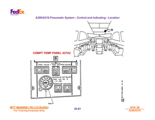 MTT M540000 / R3.3 01AUG01
MTT M540000 / R3.3 01AUG01
For Training Purposes Only
For Training Purposes Only
ATA 36
ATA 36
A300/A310
A300/A310
36-
36-81
81
A300/A310 Pneumatic System - Control and Indicating - Location
COMPT TEMP PANEL 437VU
 